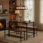 FurniturR S&ouml;&ouml;gilaud 2 riiuliga 3-osaline komplekt 110 x 70 x 75 cm K&ouml;&ouml;gilaud 2 hoiupinki 100 x 30 x 45 cm Vintage puidust pealispind ja must metallist raam Rustic Brown ja