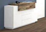 Dmora - Milo Kitchen Sideboard with 3 Doors and 3 Drawers, Living Room Buffet, 100% Made in Italy, 160 x 45 x 86 cm, Glossy White and Maple