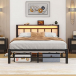 Voodi 120 x 200 cm LED-valgustusega, metallist voodiraam koos laadimisjaamaga (1 vahelduvvoolupesa, 2 USB-pesa), metallist voodi 120 x 200 cm koos peaosaga, voodiraam lamellraamiga ja panipaik voodi all.