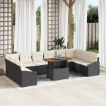 Poly Rattan Gartentischgruppe als 11-teiliges Garten Esszimmer Set f&uuml;r Terrasse mit Kissen in Schwarz und Creme