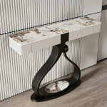 Halbmondf&ouml;rmige Moderne Konsole Mit Stauraum, Steinplatte, Schmale Rechteckige Sofatisch, Kohlenstoffstahlbasis, Dekorativ F&uuml;r Wohnzimmer, Eingang, Flur(Black A,100x35x92cm)