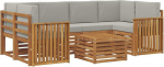 Outdoor-Sofa Set aus massivem Akazienholz - Modulare Gartengarnitur mit Sitz- und R&uuml;ckenkissen, Tisch und Armlehnen, Lackierte Oberfl&auml;che f&uuml;r Garten und Terrasse, Natur und Hellgrau