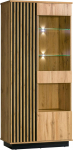 Lanimo LA03 Dekoratiivsete liistudega vitriinkapp, 3 ukse ja kambritega seisev vitriinkapp, klaasist vitriinkapp elutuppa, vitriinkapp (Wotan Tamm / Wotan Tamm + Must, LED-iga)