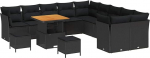 13-teiliges Garten-Sofa Set mit Kissen Schwarz Poly Rattan Akazie, 3-teiliges Garten Esstisch Set mit Kissen Schwarz Poly Rattan Akazie Gartenlounge Model3361539