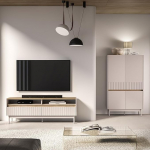 Lomadox Living Furniture Set in Cashmere Matt with Oak Groove Look Modern 154 cm Lowboard & Highboard, 2-Piece