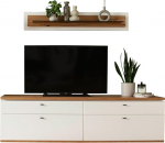 Living Room Furniture Set, White with Oak, 2 Pieces, Modern, 1 Lowboard, 1 Wall Shelf