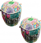 2 x Indian Stool Mudha Oriental Cotton Patchwork on Rattan Basket