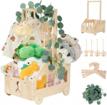 Wuciray Baby Shower Kingitus k&auml;epidemega Vahetuskorv puidust ratastega laste puidust puust kast Beebi kingitus Baby Basket Baby Basket Kingitus dekoratiivsete lehtedega puidust riputusvahendid ja Angel Day Baby Shower