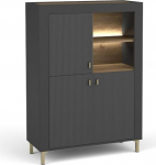 BETTSO - Mossa vitriinkapp, klaasist kapp, elutoa kapp, k&otilde;rge metallist jalaga, karastatud klaasist - LED valgustusega - kuldsed jalad, v&auml;rv must