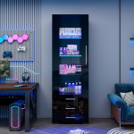 K&otilde;rgl&auml;ikega vitriinkapp, hoiukapp, klaasist vitriinkapp LED valgustusega, vertikaalne vitriinkapp 3 sahtliga, 60 x 35 x 180 cm (must)