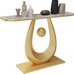 Schmaler Konsolentisch mit Rockboard-Platte und Eisengestell, abgerundeten Kanten und geschwungenen Seiten, eleganter Goldakzent f&uuml;r Eingangsbereich, Flur, Foyer, Sofabereich - Gold/Beige, 1