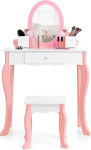 COSTWAY Kids Dressing Table with Stool, 2-in-1 Kids Wooden Dressing Table Set with Mirror, Drawer & Pen Holder, Makeup Table for Children Aged 3-7 Years (White)