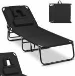 COSTWAY Sun Lounger with Face Opening, Folding Garden Lounger with 3 Removable Cushions and 5-Way Adjustable Backrest, Beach Lounger, Deck Chair for Garden and Pool Area (Black)
