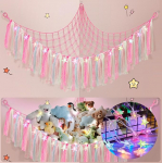 Teddy Hammock koos LED-valgusega, Boho Decor Pluusi m&auml;nguasjade hoiuv&otilde;rk, Teddy Bear pehmed m&auml;nguasjad, k&auml;sitsi kootud Pluusi makramee m&auml;nguasjade v&otilde;rk pehmedele loomadele, roosa