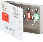 Relaxdays Key Cabinet with Glass Magnetic Board, 20 x 30 cm, 7 Hooks, 6 Magnets, Writeable, White / Silver