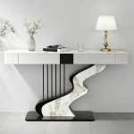 Konsoollaud, pikk, kitsas diivanilaud kahe sahtliga, kiltkivi plaadiga ja loomingulise s&uuml;sinikterasest aluse raamiga (must, 100 cm / 39 tolli)