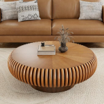 Grooveeritud trummel T&auml;ispuidust kohvilaud Vastupidav k&auml;sitsi valmistatud &uuml;mmargune keskne laud kunstilise soonedisainiga kodu kaunistamiseks (pruun, 80 cm)