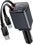 Kwaki sisset&otilde;mmatav autolaadija, 4-in-1 USB C-sigaretis&uuml;&uuml;taja adapter kahekordse C-t&uuml;&uuml;pi kaabliga, kiirlaadimine, &uuml;hildub iPhone 16 15, Samsung S25/24/23/22 (Type-C + Type-C)