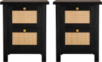 Hallowood Furniture Newquay Black Bedside Table with 2 Drawers & Rattan Front Set of 2, Narrow Bedside Table, Lamp Table, Bedroom Storage, Bedside Table for Living Room