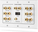 Fosmon [3-Gang 7.1 Surround Distribution] Koduteatri seinaplaat - Premium kvaliteetne kullatud vasest Banana Binding Post Coupler t&uuml;&uuml;pi seinaplaat 7 k&otilde;larile, 1 RCA Jack subwooferile ja 1 kiire HDMI port Ethernetiga (valge)