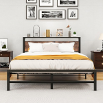 HOMERECOMMEND King Bed Frame with Wooden Storage Headboard No Box Spring Required Steel Slatted Mattress Base Square Tube Design Noiseless Black King