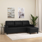 ZEYUAN 3-Seater Sofa with Stool, Black, 180 cm, Faux Leather, Sofa Living Room, Youth Sofa, Relaxing Sofa, Sofas & Couches, Sofa for Bedroom, Youth, Children's Room