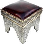 Asian Stool Leather Brown | Brass Silver Oriental Stool Upholstered Surface Genuine Leather Moroccan Foot Section Height 50 cm Decorative Ottoman Design Seat Cube Seat Pouf 130130