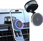 MagAxis Lumen Magnetische Kfz-Halterung mit Saugnapf, kabelloses Laden 15 W, LED, 540-Grad-Drehung, kompatibel mit MagSafe, iPhone 17/16/15/14/13/12 Pro/MAX ja Android, Silber