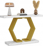 Moderner Schmaler Konsolentisch mit Sinterstein-Top, Geb&uuml;rstetem Titan-Gold-Edelstahlrahmen & Quadratischer Stabiler Basis, Eingangstisch f&uuml;r Flur, Wohnzimmer und Foyer