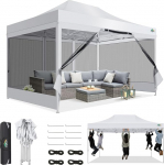 COBIZI Gazebo 3 x 4,5, kokkupandav Gazebo 3 x 4,5 cm, veekindel, stabiilne, Gazebo kokkupandav Anti-UV koos v&otilde;rkkattega k&uuml;lgseintega, Gazebo telkimiseks, peotelk, aiatelk koos kandekotiga (3 x 4,5 m, valge)