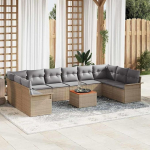 Modulares Gartensofa-Set 11-teilig in Beige und Hellgrau aus Poly-Rattan mit Akazienholz Tisch und Polstern als Terrassenm&ouml;bel