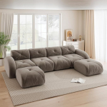 U-f&ouml;rmiges Modulsofa, rahmenloses Sofa, 4-Sitzer-Kombineeritud diivan, inklusive 2 Hockern, geeignet f&uuml;r das Wohnzimmer, Bequemer Stoff, rutschfestes Design, keine Montage erforderlich, Braun