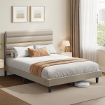 VASAGLE polsterdatud kaheinimesevoodi raam Voodiraam sobib 160 x 200 cm madratsile Reguleeritav polsterdatud peatugi Voodiraam metallist t&auml;ispuidust moodne Cappuccino beež RMB505LH01