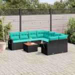 Polyrattan Sofa Set mit Kissen, modularer Gartenm&ouml;bel Set mit Beistelltisch als 9-teiliges Gartensofa-Set in Schwarz