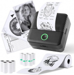 PRAOAHEI Mini Printer, Portable Photo Printer with 10 Rolls of Printer Paper, Bluetooth Label Printer, Thermal Printer for Notes, Photos, Diaries, DIY, Compatible with iOS and Android (Black)