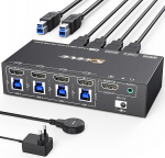 USB 3.0 KVM Switch HDMI 4 Port 4K @ 144Hz, camgeet KVM Switch 4 PC 1 Monitor HDMI 2.1, EDID simulatsioon, 4 PC jagab 1 monitori ja 4 USB 3.0 seadet, koos juhtmega kaugjuhtimispuldi, toiteadapteri ja USB 3.0 kaablitega