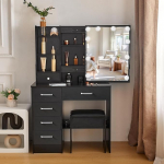 Buildonely Dressing Table with Lighting, 3 Colour Temperatures and Adjustable Brightness, Dressing Table with Mirror and Stool, Cosmetic Table with 4 Shelves, 6 Drawers, Black, 36 x 80 x 131 cm