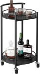 Serving Trolley, 2 Tier Kitchen Trolley, 2 Tier Round Bar Cart Drinks Trolley, Kitchen Shelf on Wheels, Storage Trolley with Adjustable Wheels, Metal, 42 x 42 x 78 cm, Black