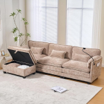 Magamisfunktsiooniga nurgadiivan, magamisfunktsiooniga diivan, Corduroy kangast diivan USB-&uuml;hendusega, k&uuml;ljetasku, mobiiltelefoni hoidja ja modulaarne v&auml;ljaheide, elutuppa, khaki 279 x 83