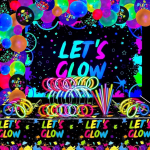 Pack of 190 Neon Birthday Party Supplies - Background Banner, Tablecloth, Glow in the Dark Balloons, Sticks, Bracelet Connectors, Glasses and Headband for Children, Neon Party Decorations