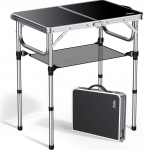 Anbte telkimislaud kokkupandav 58 x 40 cm alumiiniumist h&otilde;bedase raamiga piknikulaud 3 k&otilde;rgust reguleeritav 26/48/67 cm MDF lauaplaat koos hoiuv&otilde;rguga Kokkupandav laud telkimiseks rannale r&otilde;dule (must)