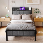 ARFARLY Bed 90 x 200 cm with Metal Slatted Frame, Bed Frame 90 x 200 cm, Youth Bed 90 x 200 cm with Headboard and Charging Station, Modern Metal Bed, Single Bed