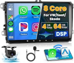 8Core/4G + 64G raadio VW Tiguan Touran Caddy Golf5 6 Polo autoraadio 2 DIN Android 15 traadita Carplay Android auto 9-tolline puuteekraan GPS DSP 59UI AHD tagurduskaameraga MIC