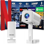 Miniprojektor toetab 4K Full HD 1080P, nutikas projektor automaatse fookuse ja keystone'iga ning 90&deg; p&ouml;&ouml;ramisega, kaasaskantav projektor WiFi 6 ja Bluetooth 5.4, &uuml;hildub HDMI/TV Sticki/Laptopiga - valge