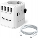 Schuko Travel Adaptor 3-pin Universal 4 x USB A, 1 x USB C 30 W ja 1 x AC, rahvusvaheline pistikupesa adapter, universaalne adapter Saksamaalt USA-sse, Inglismaale, Austraaliasse, Hiinasse + 1 m C-C nailonist laadimiskaabel