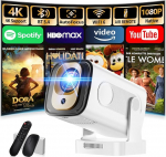 Mini projektor 4K 1080P [2026 Uus ja automaatne fookus] Kaasaskantav projektor WiFi 6 ja Bluetooth 5.4 270&deg; p&ouml;&ouml;ramisega ja automaatse keystone'i korrigeerimisega koos HDMI/TV Stick/M&auml;lupulgaga/Laptopiga, valge