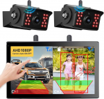 Traadita tagurduskaamera, 10-tolline puuteekraaniga monitor koos 2 tagurduskaameraga, AI BSD, HD 1080P IP69K veekindel IR &ouml;&ouml;vaatlus 170 &deg; laia nurgaga parkimisabi traadita veoautodele, haagissuvilate jaoks