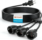 Schuko pikenduskaabel 5 m, toitekaabli pikenduskaabel 3 pistikupesaga, Premium kummist kaabli pikendus, IP44 ilmastikukindel pikendusjuhe v&auml;ljas aeda / t&ouml;&ouml;kotta / ehitusplatsile (16A/250V, must)