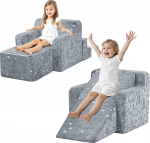 MeMoreCool Modulaarne laste diivan koos slaidi disainiga - klassikaline kohev ja &ouml;&ouml;sel helendav kangakate, mitmek&uuml;lgselt kasutatav diivanina, salongina v&otilde;i m&auml;ngustruktuurina, Hall Dino