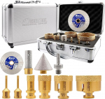 SHDIATOOLi teemantpuuride komplekt plaatidele, keraamiline graniit marmor | M14 keermega | 6-68 mm teemantpuuripuur 20 mm s&otilde;rmepuur 115 mm l&otilde;ikekettaga, kolmnurkse varrega adapter t&auml;pseks puurimiseks ja l&otilde;ikamiseks.